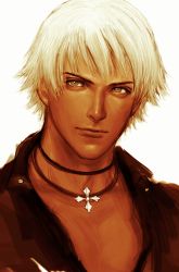 Rule 34 | 1boy, bad id, bad pixiv id, black jacket, closed mouth, commentary, cross, cross necklace, dark-skinned male, dark skin, grey eyes, highres, jacket, jewelry, k&#039; (kof), lips, looking at viewer, male focus, necklace, portrait, short hair, simple background, solo, the king of fighters, toh go jp, white background, white hair