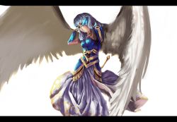 Rule 34 | 1girl, angel wings, armor, armored dress, arms up, bad id, bad pixiv id, blue armor, blue hair, dress, lenneth valkyrie, letterboxed, no headwear, pixiv (230434), relax (artist), solo, sword, valkyrie, valkyrie profile (series), weapon, wings