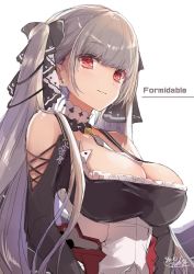Rule 34 | 1girl, artist name, azur lane, bare shoulders, between breasts, black dress, blush, breasts, character name, cleavage, closed mouth, collar, cross-laced clothes, detached sleeves, dress, earrings, eyes visible through hair, formidable (azur lane), frilled dress, frills, from below, hair ribbon, highres, jewelry, lace, large breasts, light smile, long hair, looking at viewer, musou yuchi, red eyes, ribbon, rigging, signature, silver hair, simple background, smile, solo, twintails, two-tone dress, two-tone ribbon, upper body, white background