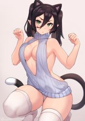 Rule 34 | 1girl, animal ears, artist name, backless outfit, bare shoulders, black hair, black hairband, blue sweater, blush, breasts, cat ears, cat tail, center opening, closed mouth, commentary, english commentary, fake animal ears, green eyes, grey background, hairband, hands up, highres, iwbitu, long hair, looking at viewer, medium breasts, meme attire, original, panties, paw pose, pointy ears, simple background, solo, squatting, sweater, tail, thighhighs, thighs, twintails, underwear, virgin killer sweater, white panties, white thighhighs