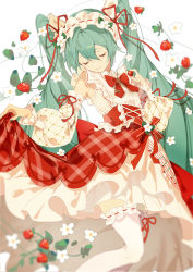 1girl aqua_hair closed_eyes closed_mouth dress food fruit hatsune_miku head_tilt highres holding indai_(3330425) long_hair plaid_clothes plaid_dress skirt_hold solo strawberry strawberry_miku_(morikura) thighhighs twintails vocaloid white_thighhighs