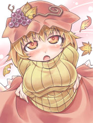 Rule 34 | 1girl, aki minoriko, blonde hair, blush, breast hold, breasts, crossed arms, female focus, food, fruit, grapes, hat, highres, leaf, looking at viewer, nyagakiya, open mouth, red eyes, ribbed sweater, short hair, solo, sweater, touhou