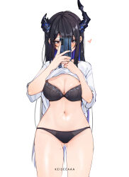 Rule 34 | 1girl, absurdres, asymmetrical horns, bare legs, black hair, black panties, blue hair, blush, bra, breasts, cellphone, colored inner hair, demon horns, flashing, highres, hololive, hololive english, horns, keisea, large breasts, long hair, looking at viewer, mole, mole on thigh, mole under eye, multicolored hair, naked shirt, nerissa ravencroft, panties, phone, red eyes, shirt, solo, t-shirt, thighs, two-tone hair, underwear, uneven horns, very long hair, virtual youtuber, white shirt