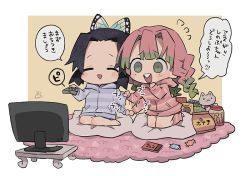 Rule 34 | 2girls, :d, ^ ^, afterimage, bad id, bad pixiv id, bare legs, barefoot, black hair, braid, butterfly hair ornament, candy, casual, cat, chibi, closed eyes, controller, cushion, dododov2, excited, food, gradient hair, green eyes, green hair, hair ornament, holding, holding hands, holding remote control, hood, hood down, kanroji mitsuri, kimetsu no yaiba, kneeling, kochou shinobu, leg warmers, long hair, long sleeves, mole, mole under eye, multicolored hair, multiple girls, open mouth, outstretched arm, pajamas, parted bangs, pink hair, pocky, remote control, rug, seiza, shorts, sitting, sleepover, smile, snack, speech bubble, striped, table, television, translation request, tri braids, watching television, waving arm