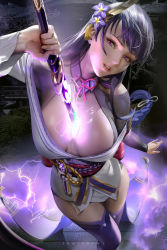 Rule 34 | 1girl, artist name, banned artist, bare shoulders, braid, breasts, cleavage, detached collar, electricity, energy, genshin impact, glowing, glowing sword, glowing weapon, hair ornament, human scabbard, japanese clothes, katana, kimono, large breasts, long hair, long sleeves, looking at viewer, low-braided long hair, low-tied long hair, magic, obi, off shoulder, parted lips, purple eyes, purple hair, purple kimono, purple thighhighs, raiden shogun, sash, solo, sword, thighhighs, thighs, weapon, wide sleeves, zumi (zumidraws)