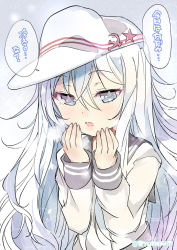 Rule 34 | 10s, 1girl, blue eyes, blue hair, breathing on hands, cold, hammer and sickle, hat, hibiki (kancolle), kantai collection, long hair, matching hair/eyes, naitou ryuu, open mouth, solo, translated, verniy (kancolle)