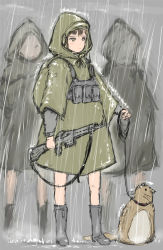 3girls animal bad_id bad_pixiv_id brown_eyes brown_hair collar gun leash load_bearing_vest military military_uniform multiple_girls original rain raincoat silhouette soldier weapon yrafy