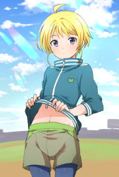 Rule 34 | 10s, 1boy, blonde hair, blue sky, clothes lift, day, earrings, grass, idolmaster, idolmaster side-m, jacket, jewelry, lens flare, looking at viewer, male focus, midriff, navel, pantyhose, pantyhose under shorts, pierre (idolmaster), purple eyes, shakeko (shake5), shirt lift, shorts, sky, solo, tights under shorts