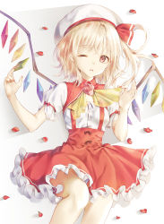 Rule 34 | 1girl, absurdres, ascot, beret, blonde hair, breasts, cha chya, commentary, crystal, feet out of frame, flandre scarlet, flower, hands up, hat, hat ribbon, highres, looking at viewer, miniskirt, nail polish, one eye closed, one side up, parted lips, petals, petticoat, pink flower, pink rose, puffy short sleeves, puffy sleeves, red eyes, red nails, red ribbon, red skirt, ribbon, rose, rose petals, shirt, short hair, short sleeves, simple background, skirt, small breasts, solo, suspenders, touhou, white background, white hat, white shirt, wings, yellow ascot