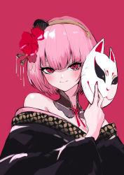 Rule 34 | alternate hair length, alternate hairstyle, bare shoulders, black kimono, blush, detached collar, flower, fox mask, hair flower, hair ornament, hair stick, hairband, hands up, highres, holding, holding mask, hololive, hololive english, japanese clothes, kimono, looking at viewer, mask, mori calliope, mori calliope (new year), nail polish, not nodu, off shoulder, official alternate costume, pink background, pink hair, red eyes, red nails, short hair, simple background, smile, tassel, tsurime, upper body, virtual youtuber