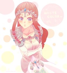 Rule 34 | 1girl, alternate color, artist request, bad id, bad pixiv id, blue eyes, blush, brown hair, collarbone, dress, elbow gloves, gloves, hair ornament, heart, jewelry, looking at viewer, nintendo, pointy ears, princess zelda, shoulder pads, solo, super smash bros., the legend of zelda, the legend of zelda: twilight princess, tiara, white gloves