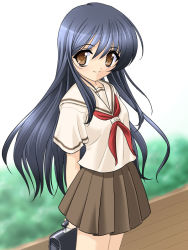 Rule 34 | blue hair, brown eyes, long hair, masakichi (crossroad), pleated skirt, school uniform, serafuku, skirt, solo, very long hair