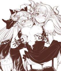 Rule 34 | 2girls, alicia (granblue fantasy), aliza (granblue fantasy), anger vein, blush, breasts, cleavage, draph, dress, dressing another, earrings, embarrassed, forehead protector, gloves, granblue fantasy, highres, horns, jewelry, large breasts, long hair, mother and daughter, multiple girls, pointy ears, sweatdrop, tears, wince, yuriwhale