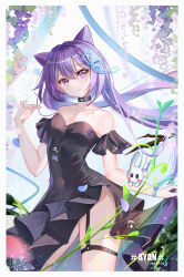 Rule 34 | 1girl, absurdres, arm rest, artist name, ayan (1593817922), bare shoulders, black choker, black dress, blurry, blurry background, border, bracelet, breasts, breasts apart, choker, closed mouth, collarbone, cowboy shot, dress, floating hair, flower, frilled dress, frills, garter straps, genshin impact, hair between eyes, head tilt, highres, jewelry, keqing (genshin impact), legs apart, lilac, long hair, looking at viewer, off-shoulder dress, off shoulder, paw print, plant, purple eyes, purple flower, purple hair, rabbit, raised eyebrows, short sleeves, side slit, sidelocks, signature, small breasts, smile, solo, thighs, twintails, water drop, white border