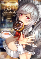 Rule 34 | 1girl, azur lane, blurry, blurry background, blush, bow, bowtie, breasts, choker, circle cut, cleavage, coffee, cover, cup, detached collar, detached sleeves, doughnut, dunkerque (azur lane), food, grey hair, hair ornament, hand up, highres, holding, holding saucer, indoors, large breasts, light particles, long hair, looking at viewer, maid, maid headdress, mouth hold, mug, origin (fefnir nightload), pink eyes, ponytail, saucer, sidelocks, skindentation, solo, sparkle, steam, wrist cuffs