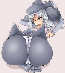 Rule 34 | 1girl, ass, ass focus, black pantyhose, caren hortensia, fate/hollow ataraxia, fate/stay night, fate (series), feet, frills, guten guten (gurata), hat, highres, huge ass, layered sleeves, long hair, long sleeves, panties, panties under pantyhose, pantyhose, pink background, puffy sleeves, silver hair, simple background, solo, tears, thong, underwear, white panties, wince, yellow eyes