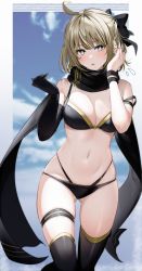 Rule 34 | 1girl, :o, absurdres, ahoge, bare shoulders, bikini, black bikini, black bow, black gloves, black scarf, black thighhighs, blurry, blurry background, blush, bow, breasts, brown hair, cleavage, cloud, depth of field, elbow gloves, fate/grand order, fate (series), feet out of frame, flying sweatdrops, gloves, gluteal fold, grey eyes, hair bow, highres, large breasts, looking at viewer, medium breasts, multi-strapped bikini, navel, okita j. souji (fate), okita souji (fate), okita souji (koha-ace), parted lips, scarf, short hair, single glove, skindentation, solo, stomach, strap slip, sweatband, swimsuit, thigh strap, thighhighs, thighs, twitter username, xretakex