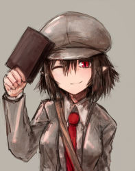 Rule 34 | 1girl, breasts, brown hair, brown hat, brown jacket, cabbie hat, closed mouth, collared shirt, flat cap, grey background, happy, hat, holding, holding notebook, jacket, long sleeves, looking at viewer, masa (neku), medium breasts, necktie, notebook, one eye closed, red eyes, red necktie, shameimaru aya, shameimaru aya (newsboy), shirt, short hair, simple background, smile, touhou, upper body, white shirt