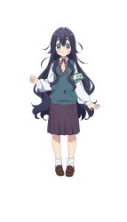 Rule 34 | 1girl, ankle socks, armband, artist request, blue eyes, blue hair, blush, brown footwear, buttons, clenched hand, dot nose, double-parted bangs, dress shirt, full body, green armband, green sweater vest, hair between eyes, highres, kimi no koto ga dai dai dai dai daisuki na 100-nin no kanojo, loafers, long bangs, long sleeves, looking at viewer, neck ribbon, official art, parted lips, pigeon-toed, pleated skirt, purple skirt, red ribbon, ribbon, school uniform, shirt, shoes, skirt, socks, solo, standing, straight-on, sweater vest, tachi-e, translation request, transparent background, triangle mouth, v-neck, wavy hair, white shirt, white socks, yoshimoto shizuka