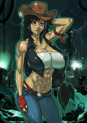 Rule 34 | 1girl, abs, armband, black hair, borrowed design, breasts, cleavage, commentary, commission, covered erect nipples, cowboy hat, denim, english commentary, final fantasy, final fantasy vii, fingerless gloves, ganassa, gloves, hat, highres, huge breasts, jeans, lips, long hair, low-tied long hair, lowleg, lowleg pants, midriff, muscular, muscular female, no bra, panties, pants, red eyes, red gloves, red panties, shiny skin, sleeveless, solo, square enix, stomach, strapless, tifa lockhart, tube top, underboob, underwear, vest