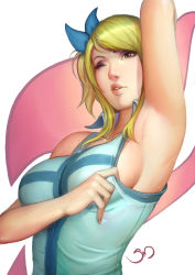 Rule 34 | 1girl, ;), arm up, armpits, blonde hair, bow, breasts, brown eyes, clothes pull, eyelashes, eyeshadow, fairy tail, female focus, hair bow, hair ornament, hair ribbon, highres, large breasts, lips, looking at viewer, lucy heartfilia, makeup, no bra, nose, one eye closed, open collar, parted lips, ribbon, shirt pull, side ponytail, sideboob, sleeveless, smile, so moist, solo, somoist, sweat, upper body, wink, zipper