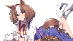 Rule 34 | 1girl, absurdres, ahoge, animal ears, blush, brown hair, closed mouth, gloves, headband, highres, horse ears, horse girl, horse tail, huge filesize, looking at viewer, lying, meisho doto (umamusume), multicolored hair, on stomach, pink headband, purple eyes, red neckwear, red ribbon, ribbon, shinomu (cinomoon), shoes, short hair, simple background, solo, streaked hair, tail, umamusume, uniform, white background, white footwear, white gloves, white hair