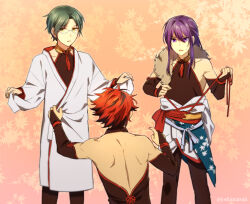 3boys akatsuki_(ensemble_stars!) back backless_shirt black_gloves black_hair black_pants black_shirt bracelet collarbone cross-laced_clothes elbow_gloves ensemble_stars! feet_out_of_frame from_behind fur_trim furrowed_brow glasses gloves gradient_background green_eyes green_hair hair_between_eyes hair_intakes halter_shirt halterneck hasumi_keito highres japanese_clothes jewelry kanzaki_souma kimono kiryu_kuro layered_clothes leaf long_sleeves maple_leaf multicolored_hair multiple_boys muscular muscular_male obi obijime official_alternate_costume pants parted_bangs parted_lips patterned_background pointing ponytail purple_eyes purple_hair red_hair red_ribbon red_trim ribbon sash shirt shoulder_blades sidelocks spiked_hair spine sweatdrop table tassel tsubana-jorushi twitter_username tying vanity_table white_kimono wide_sleeves