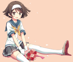 Rule 34 | 10s, 1girl, blouse, blush, bouquet, breasts, brown eyes, brown hair, flower, gloves, hairband, high heels, holding, holding bouquet, kantai collection, odawara hakone, open mouth, petals, pink background, pleated skirt, school uniform, serafuku, shirt, short hair, short sleeves, sitting, skirt, smile, solo, tanikaze (kancolle), thighhighs, v arms, white gloves, white shirt, white thighhighs, zettai ryouiki