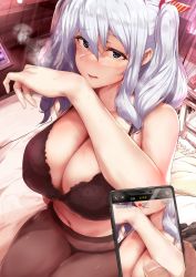 Rule 34 | 1girl, black bra, black panties, black pantyhose, blue eyes, bra, breasts, breath, cellphone, cleavage, cowboy shot, hair ribbon, highres, kantai collection, kashima (kancolle), large breasts, looking at viewer, navel, on bed, open mouth, osterei, panties, pantyhose, phone, fake phone screenshot, ribbon, sitting, smartphone, solo, sweat, twintails, underwear, wavy hair, white hair