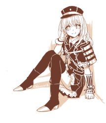 Rule 34 | 10s, 1boy, armor, crossdressing, dress, frilled dress, frills, hand on own head, hat, japanese armor, long hair, looking at viewer, male focus, midare toushirou, monochrome, necktie, pota (bluegutty), shoulder armor, signature, sitting, smile, sode, solo, thighhighs, touken ranbu, trap