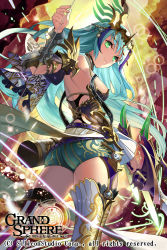 Rule 34 | 1girl, armor, ass, blue hair, boots, breasts, copyright name, eyebrows, gaou (umaiyo puyoman), garter straps, grand sphere, green eyes, green shorts, hair ornament, highres, holding, holding weapon, long hair, looking at viewer, original, shorts, sideboob, smile, solo, thigh boots, thighhighs, watermark, weapon