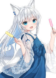 Rule 34 | 1girl, :d, animal ear fluff, animal ears, anz32, blue bow, blue dress, blue eyes, blue nails, bow, braid, commentary request, dress, fang, food, fox ears, fox girl, fox tail, from side, grey hair, hair between eyes, hair bow, holding, holding food, japanese clothes, kimono, long hair, long sleeves, looking at viewer, looking to the side, nail polish, open mouth, original, popsicle, simple background, sleeveless, sleeveless dress, smile, solo, tail, twin braids, twitter username, very long hair, white background, white kimono, wide sleeves