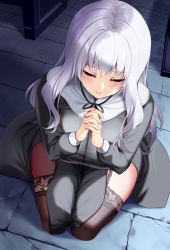 Rule 34 | 1girl, black dress, black garter straps, black ribbon, black thighhighs, breasts, closed eyes, closed mouth, commentary request, dress, facing viewer, from above, garter straps, huyumitsu, indoors, interlocked fingers, large breasts, long hair, long sleeves, neck ribbon, nun, on floor, original, own hands together, paid reward available, pelvic curtain, ribbon, sitting, solo, stone floor, taut clothes, taut dress, thighhighs, thighs, white hair