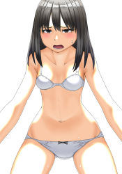 Rule 34 | 1girl, black eyes, black hair, blush, bow, bow panties, bra, breasts, commentary request, cowboy shot, crotch seam, from below, frown, gluteal fold, half-closed eyes, leaning forward, looking at viewer, maburu (lojyq1eur3e8bit), medium hair, navel, open mouth, original, panties, simple background, small breasts, solo, standing, sweat, underwear, underwear only, white background, white bra, white panties