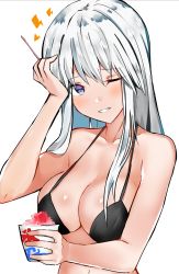Rule 34 | 1girl, azur lane, benten (ioj3446), bikini, black bikini, brain freeze, breasts, cleavage, collarbone, commentary request, cup, enterprise (azur lane), food, hand on own face, highres, holding, holding cup, navel, purple eyes, shaved ice, silver hair, solo, swimsuit, white background