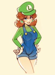 Rule 34 | 1girl, alternate costume, artist name, blue eyes, blue overalls, blush, breasts, brown hair, buttons, cabbie hat, clothes writing, cosplay, covered collarbone, cowboy shot, cropped legs, earrings, female focus, flower earrings, gloves, green hat, green shirt, grin, hair flaps, hands on own hips, happy, hat, highres, jewelry, long sleeves, looking at viewer, luigi, luigi (cosplay), mario (series), medium breasts, medium hair, nintendo, overall shorts, overalls, oxcoxa, parted bangs, princess daisy, shirt, sidelocks, signature, simple background, smile, solo, standing, teeth, thighs, white gloves, yellow background