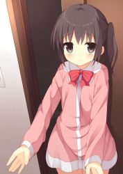 Rule 34 | 1girl, bad id, bad pixiv id, blush, bow, bowtie, brown eyes, brown hair, collared dress, commentary request, cowboy shot, door, dress, frown, indoors, long sleeves, looking at viewer, open door, original, outstretched arms, pink dress, red bow, red bowtie, side ponytail, sidelocks, sleepwear, solo, tareme, usagino suzu, wooden floor