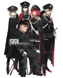 Rule 34 | 10s, 1boy, 4girls, arthur leveson, black hair, blonde hair, blunt bangs, cape, character name, epaulettes, formal, grey hair, group picture, hat, hms conqueror, hms conqueror (siirakannu), hms monarch, hms monarch (siirakannu), hms orion, hms orion (siirakannu), hms thunderer, hms thunderer (siirakannu), kantai collection, lion, long hair, long sleeves, looking at another, military, military uniform, multiple girls, necktie, open mouth, original, peaked cap, personification, ponytail, portrait, red eyes, red hair, royal navy, short hair, siirakannu, simple background, smile, uniform, union jack, upper body, white background, winston churchill