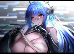 Rule 34 | 1girl, ahoge, alternate breast size, azur lane, bad id, bad pixiv id, bare shoulders, black gloves, blue hair, blush, breasts, cleavage, closed mouth, commentary request, detached sleeves, finger to mouth, gloves, hair ornament, hands up, helena (azur lane), helena (meta) (azur lane), highres, huge breasts, letterboxed, long hair, long sleeves, nipples, pulling, red eyes, smile, solo, tadai nu, upper body