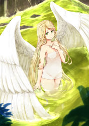 Rule 34 | 1girl, angel wings, bath, bathing, blackma (pagus0012), blonde hair, collarbone, feathered wings, fire emblem, fire emblem: radiant dawn, fire emblem heroes, green eyes, hand on own chest, highres, leanne (fire emblem), long hair, naked towel, nintendo, onsen, partially submerged, rock, smile, solo, towel, wading, water, white towel, white wings, wings