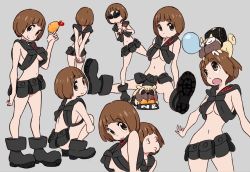Rule 34 | 1girl, 3 3, animal, animal on head, belt, belt pouch, black footwear, boots, bowl, breasts, brown eyes, brown hair, closed eyes, clothed animal, dog, drooling, eating, grey background, greyscale, guts (kill la kill), highres, kill la kill, looking at viewer, mankanshoku mako, medium breasts, monochrome, multiple views, nose bubble, official art, on head, pet bowl, pouch, revealing clothes, short hair, sideboob, simple background, sleeping, smile, standing, sunglasses, sushio