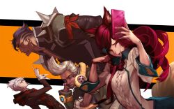 Rule 34 | 1girl, 3boys, academy ahri, academy ekko, ahri (league of legends), alternate costume, alternate hair color, alternate hairstyle, animal ears, bandaid, black hair, blouse, blush, camera phone, cellphone, clenched teeth, closed eyes, darius (league of legends), dark-skinned male, dark skin, duto, ekko (league of legends), facial mark, fang, fox ears, fox tail, head rest, headphones, height difference, league of legends, looking at viewer, multiple boys, one eye closed, parted lips, paw pose, phone, pointing, pointing up, red hair, scarf, selfie, shirt, shoulder spikes, simple background, slit pupils, smartphone, spikes, tail, teeth, vladimir (league of legends), whisker markings, whiskers, white hair, white shirt, wink, yellow eyes