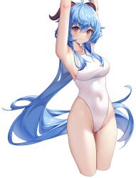 Rule 34 | 1girl, ahoge, armpits, arms up, blue hair, blush, breasts, cameltoe, covered navel, cropped legs, ganyu (genshin impact), genshin impact, goat horns, highleg, highres, horns, large breasts, long hair, looking at viewer, one-piece swimsuit, pai daxing, purple eyes, sidelocks, smile, solo, swimsuit, thighs, very long hair, white background, white one-piece swimsuit
