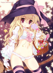 Rule 34 | 1girl, :p, bad id, bad pixiv id, basket, blonde hair, bra, breasts, broom, candy, emily (pure dream), food, frills, glasses, gloves, hair ornament, hairclip, halloween, happy halloween, hat, hat ribbon, lollipop, long hair, looking at viewer, medium breasts, navel, original, panties, pocky, purple eyes, ribbon, solo, star (symbol), striped bra, striped clothes, striped panties, striped thighhighs, sweets, swirl lollipop, thighhighs, tongue, tongue out, underwear, witch hat
