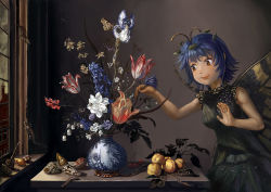 Rule 34 | 1girl, amibazh, animal, antennae, aqua hair, blue flower, brown eyes, butterfly wings, caterpillar, cherry, closed mouth, dress, eternity larva, fairy, flower, food, fruit, green dress, insect wings, leaf, leaf on head, lily of the valley, lips, lizard, multicolored clothes, multicolored dress, pink flower, short hair, short sleeves, smile, solo, touhou, white flower, window, wings, yellow flower