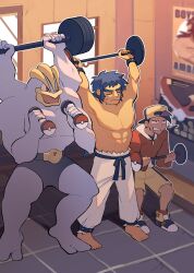 Rule 34 | 2boys, abs, absurdres, arms up, backwards hat, barbell, belt, black belt, black hair, bruno (pokemon), commentary, creatures (company), dumbbell, ethan (pokemon), flying sweatdrops, game freak, gen 1 pokemon, hat, highres, holding, indoors, jacket, long sleeves, machamp, male focus, milaza, multiple boys, muscular, muscular male, nintendo, outline, pants, poke ball print, pokemon, pokemon (creature), pokemon gsc, red jacket, shoes, short hair, shorts, squatting, standing, symbol-only commentary, topless male, white footwear, white pants, yellow shorts