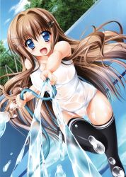 Rule 34 | 1girl, :d, absurdres, bad id, bad yandere id, black thighhighs, blue eyes, blue sky, brown hair, cloud, d:, day, dutch angle, empty pool, highres, holding, hose, kamiya tomoe, long hair, looking at viewer, one-piece swimsuit, open mouth, original, outstretched arm, plant, pool, running, school swimsuit, sky, smile, solo, standing, swimsuit, tareme, thighhighs, tree, very long hair, water, wet, wet clothes, wet swimsuit, white school swimsuit, white one-piece swimsuit