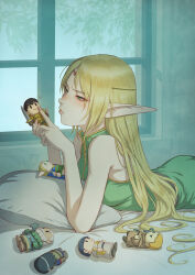 Rule 34 | 1girl, absurdres, bare shoulders, beard, black hair, blonde hair, breasts, character request, commentary request, deedlit, dress, elf, facial hair, forehead jewel, fujii eishun, gem, green dress, green eyes, highres, holding, holding sword, holding toy, holding weapon, indoors, leaf, long hair, medium hair, on bed, pillow, pointy ears, pout, record of lodoss war, red gemstone, robe, shoes, short hair, sleeveless, sleeveless dress, small breasts, solo, sword, toy, very long hair, weapon, white hair, window