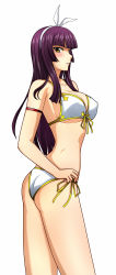 Rule 34 | 1girl, :o, armband, ass, bikini, blunt bangs, blush, breasts, brown eyes, cleavage, expressionless, fairy tail, from side, front-tie top, hairband, hand on own hip, highres, kagura mikazuchi, kenken, large breasts, long hair, looking at viewer, looking back, parted lips, purple hair, ribbon, side-tie bikini bottom, simple background, solo, standing, swimsuit, white background, white bikini