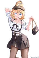 Rule 34 | 1girl, arm behind head, artist name, bag, bare shoulders, black skirt, blonde hair, blue eyes, blunt bangs, breasts, brown pantyhose, chain, collarbone, commentary, cowboy shot, dog, earrings, english commentary, eyelashes, frilled shirt, frills, gold chain, hand up, handbag, hat, heart, heart earrings, highres, holding, holding bag, hololive, hololive english, jewelry, looking at viewer, medium breasts, mustache print, o-ring, off-shoulder shirt, off shoulder, open mouth, pantyhose, puffy short sleeves, puffy sleeves, seraphim throne, shirt, short hair, short sleeves, simple background, skirt, solo, suspender skirt, suspenders, teeth, upper teeth only, virtual youtuber, watson amelia, watson amelia (street casual), white background, zipper, zipper pull tab, zipper skirt